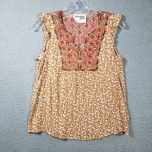 Savanna Jane Top Womens Small Orange Floral Embroidered Vneck Ruffle Bohemian